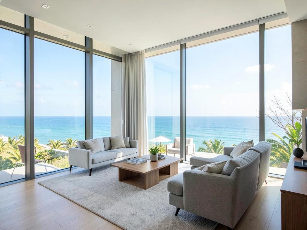 Sala de apartamento moderno com vista para o mar